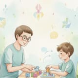ABA ქცევითი თერაპევტი და აუტისტი ბავშვი სხედან მაგიდასთან თბილისში აუტიზმის ცენტრში
